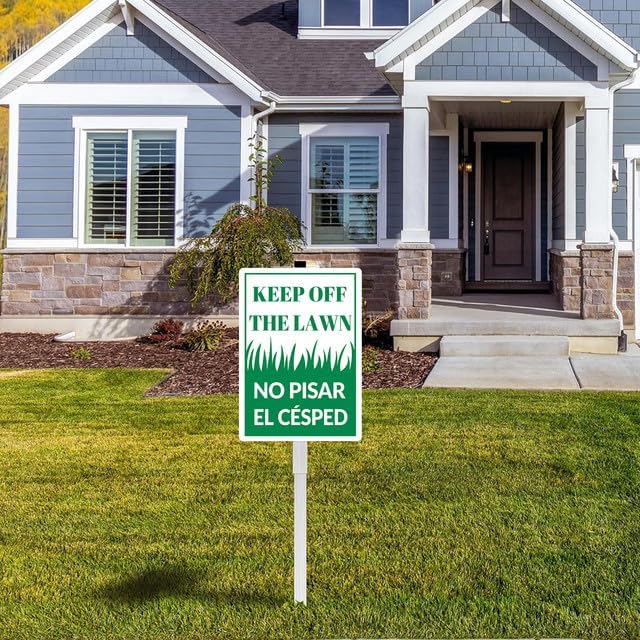 Keep Off The Lawn In English and Spanish Yard Sign With Stakes 8x12 inches Rustproof Reflective Aluminum Keep Off Grass Sign Stand for Home Garden Outdoor