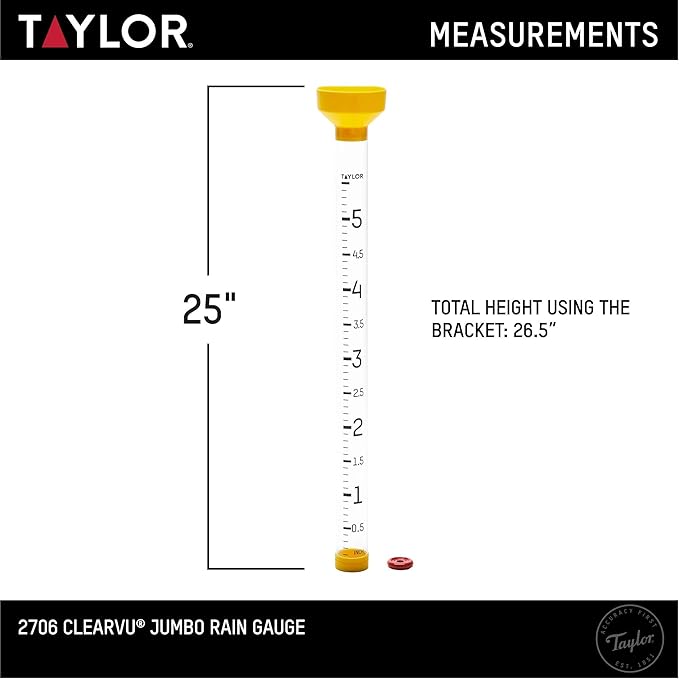 Taylor Capacity Jumbo Rain Gauge, Measure and Monitor Precipitation, Easy to Read for Backyard, Patio, Garden, and Lawn, 5-inch, Yellow