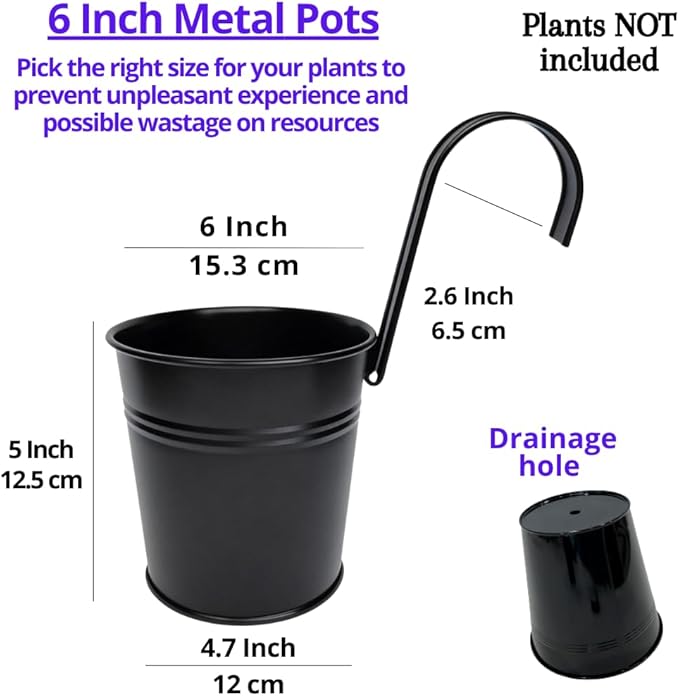 LaLaGreen Rail Planter (6 Inch, 12 Pack) Black Metal Hanging Flower Railing Fence Balcony Gardening for Apartment Patio Planters Outdoor Deck Modern Decoration Garden Style Iron Porch Decor Pots