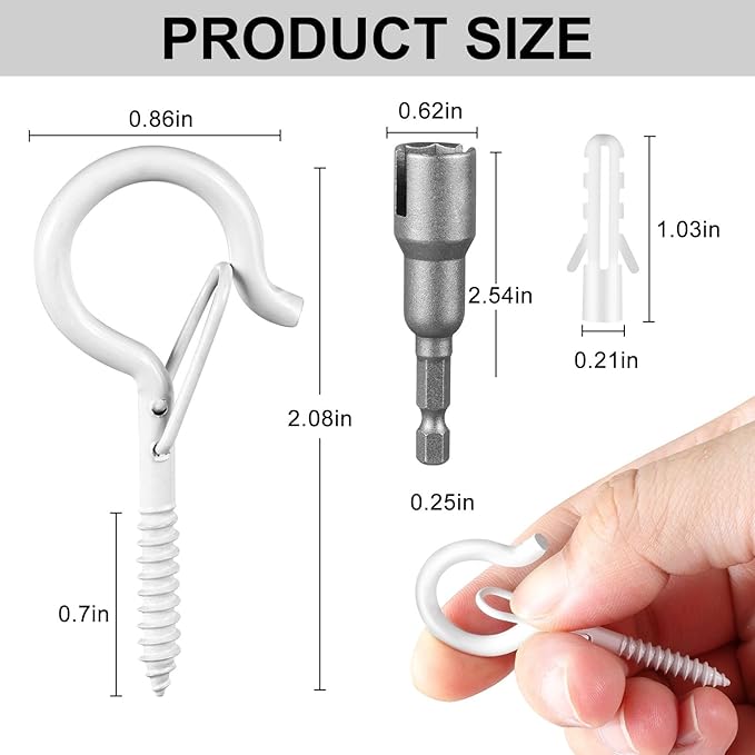 FSAH 36 PCS Q-Hanger Hooks, Screw Hooks for Outdoor String Lights, Safety Buckle Design Cup Eye Hook for Hanging Christmas Lights, Plants, Mounted on Wall Ceiling, Include 1 Wing Nut Driver, White
