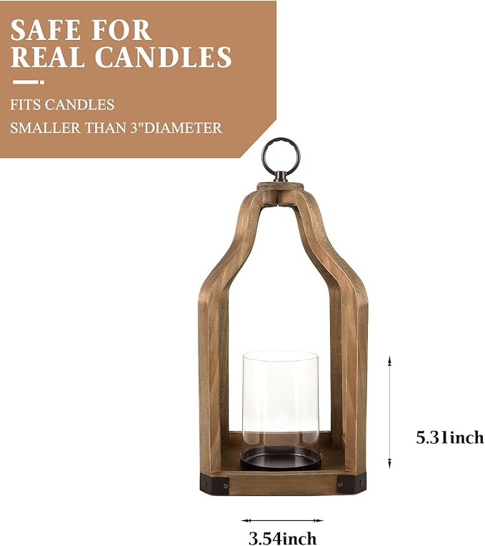 Rustic Wood Lantern Candle Holder for Farmhouse Decor - Indoor and Outdoor Table Centerpiece with Glass Hurricane, 15.7" High