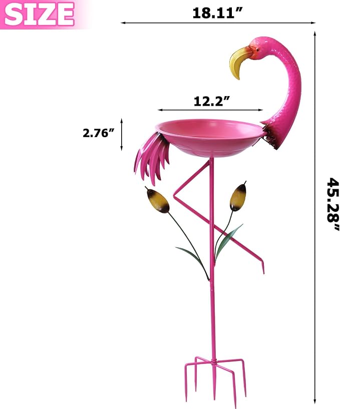 12.2”D * 45.3”H Flamingo Bird Bath, Metal Bird Baths for Outdoor, Bird Feeder with 5 Prongs Stake for Outside Garden Yard Decor