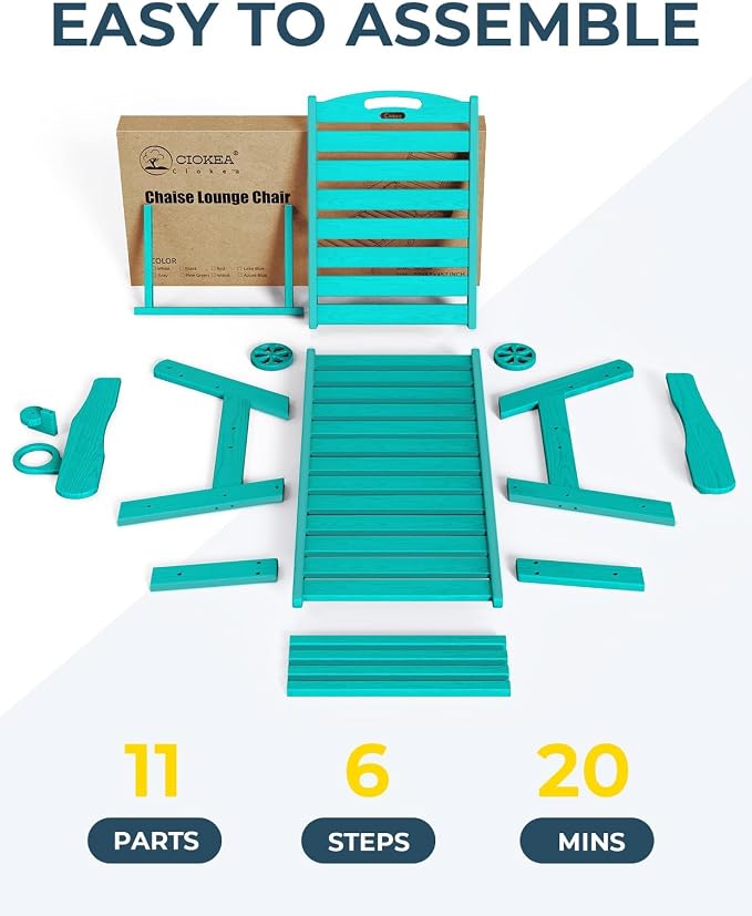Ciokea Lounge Chair Outdoor, Oversized Chaise Lounge Chair with 5 Positions, HDPE, Patio Lounge Chair with Wheels & Cup Holder for Pool, Deck, Poolside, Lake Blue