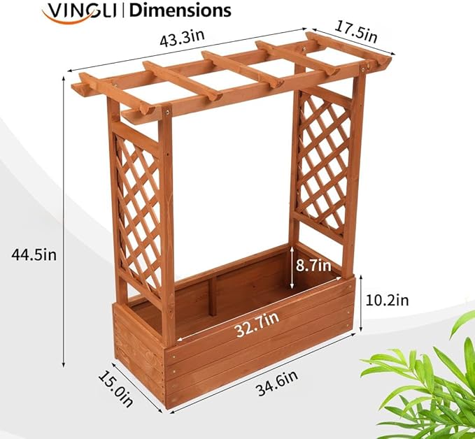 VINGLI Raised Garden Bed with Trellis & Hanging Roof, Wooden Elevated Planter Box with Drainage Holes for Outdoor Climbing Plants Vegetables Flowers, Patio Yard Balcony (Teak, Medium)