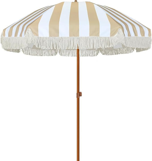 AMMSUN 7ft Patio Umbrella with Fringe Outdoor Tassel Umbrella UPF50+ Premium Steel Pole and Ribs Push Button Tilt, Stripe Beige