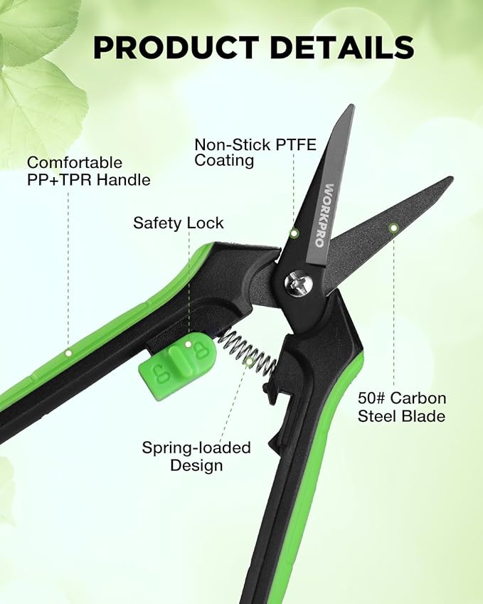 WORKPRO 2-Pack 6-Inch Garden Pruning Shears, Sharp High-Carbon Steel Harvest Snips with Nonstick Coated Blade, Spring-Loaded Gardening Scissors with Safety Lock for Flower, Fruit & Vegetable Picking