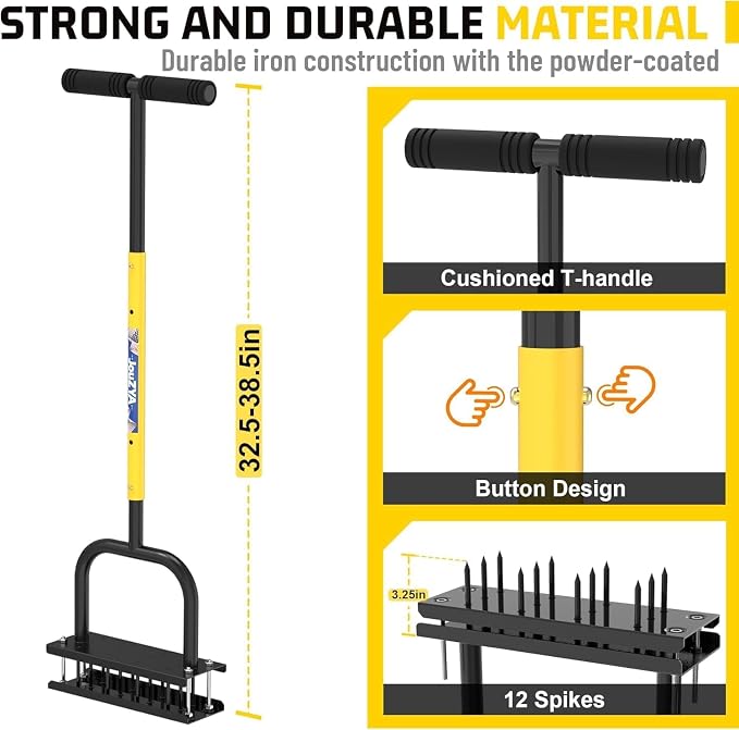 Lawn Aerator Tool, Core Aerator Lawn Tool with 12 Spikes, Automatic Dirt Clean with Spring-Loaded, Manual Grass Aerator Spike Lawn Coring Aerator for Yard Lawn Aeration Soil Loosening Garden Yellow