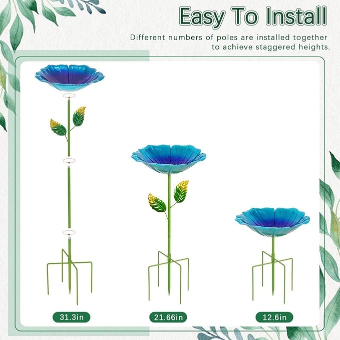 2 Pack Bird Baths for Outdoors, Colorful Metal Bird Bath for Outside, Hummingbird Bath with Five Stakes, Garden Flower Small Birdbath for Garden Decor, 31.3" H x 10.63" Dia (Blue,Yellow)