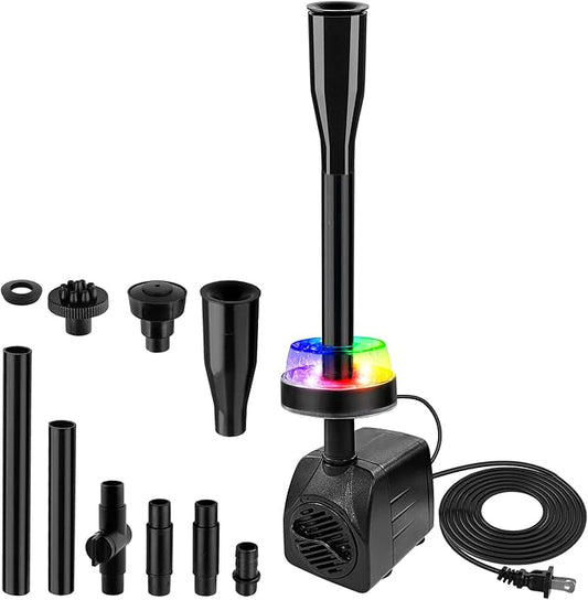 15W 800L/H Submersible Pond Fountain Pump with LED Lights, Ultra Quiet Water Pump, Pond Fountain Pumps for Small Pond, Koi, Garden, Aquariums, Fish Tanks, Indoor Outdoor Fountain 3 Type Nozzles