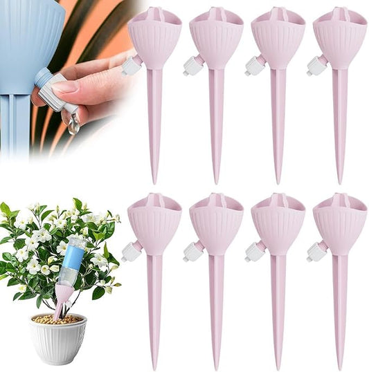 Self Watering Spikes, 4/8 Pack Automatic Plant Waterer with Adjustable Valve, Drip Irrigation Stakes for Indoor & Outdoor Plants, Self Watering Insert Devices for Garden, Vacation (4, Pink)