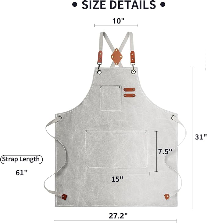 ZOMAO White Chef Aprons for Men Women with Large Pockets,Cotton Canvas Cross Back Apron,Kitchen Cooking Baking Bib Heavy Duty Adjustable Work Apron
