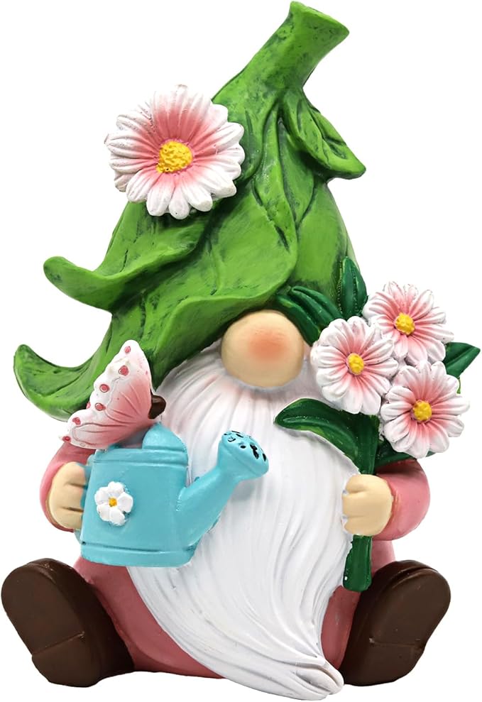 Summer Garden Gnome Decor, 5.9in Resin Daisy Floral Gnome Decorations for Home Indoor Outdoor, Retirement Gifts for Women