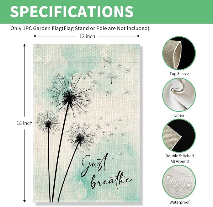 Perfectinsoy Just Breathe Garden Flag, Blue Dandelion Garden Banner, Welcome Yard Home Holiday Farmhouse Porch Patio Lawn Outside Decor, Mental Health Flag Gifts, Positive Home Garden Decor Gifts