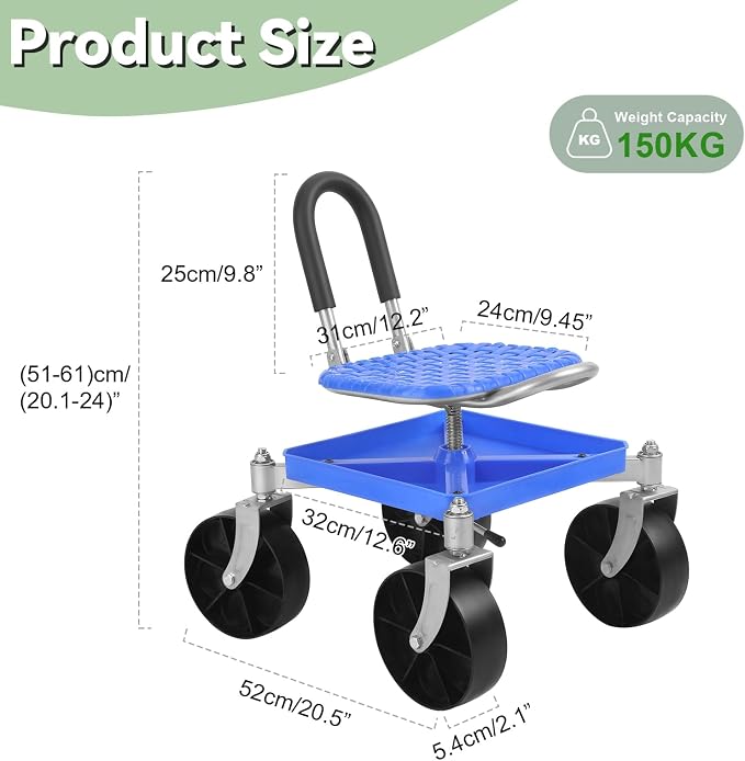 Garden Rolling Stool with Wheels,Outdoor Garden Cart with Seat, 360° Swivel Gardening Stool for Planting,Adjustable Height Gardens Chair w/ Utility Tool Tray and Handle for Outdoor, Patio,Yard Blue