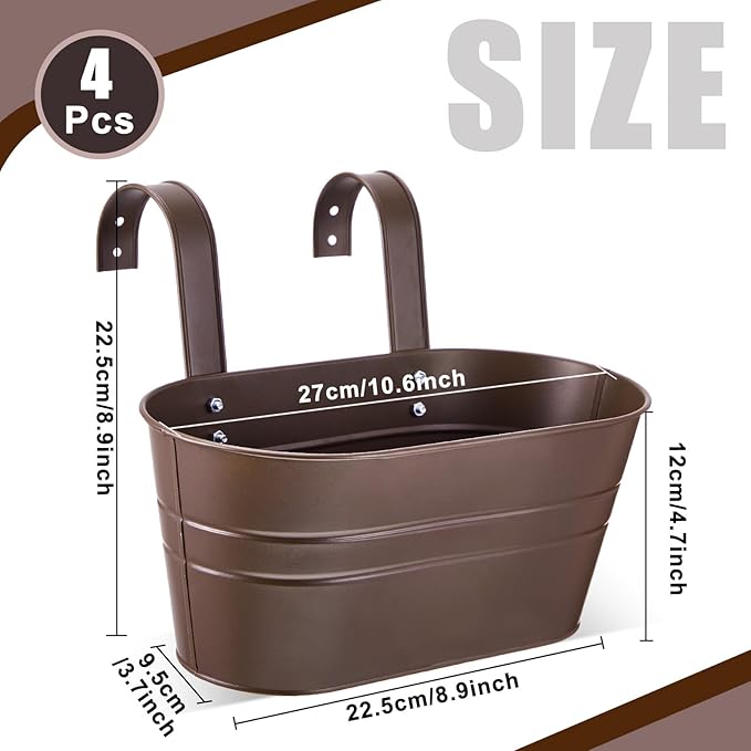Hicarer Metal Hanging Flower Pots for Railing Fence, Large Hanging Rail Planters for Outdoor Window Balcony Plants Holder with Hooks for Garden Yard Home Decor(Chocolate,4 Pcs)