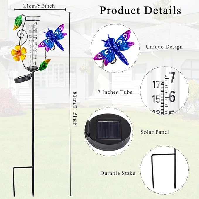 Rain Gauge Outdoor, Solar Rain Gauges for Yard, Dragonfly Freeze Proof Rain Gauge with 7" Plastic Tube, Metal Decorative Water Gauge with Led Light