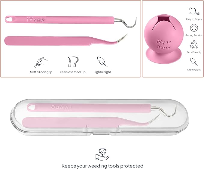 iVyne Berry and Silicone Weeding Tools - Suction Vinyl Weeder, Craft Tweezer, Scrap Collector Holder - Cricut & Silhouette Accessories - Pink