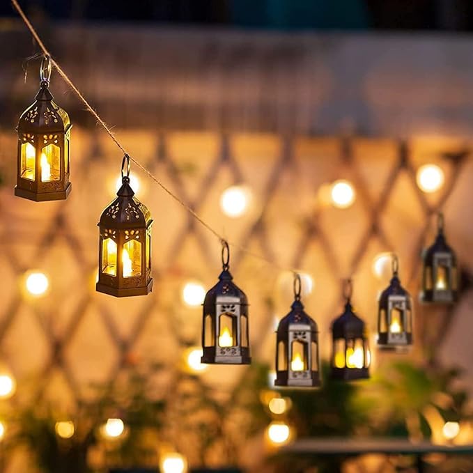 Mini Lantern with Flickering LED Candles Set of 20, Hewory Black Vintage Decorative Hanging Candle Lanterns for Halloween, Christmas, Wedding Decorations, Party, Table Centerpiece, Battery Included