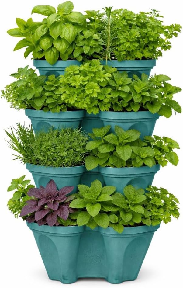 Strawberry Planter Tower, 4 Tier Stackable Vertical Planter, 16 Plant Sites, Space Saving Garden Planter, Indoor Outdoor, Made in USA (Mineral Teal, Small)