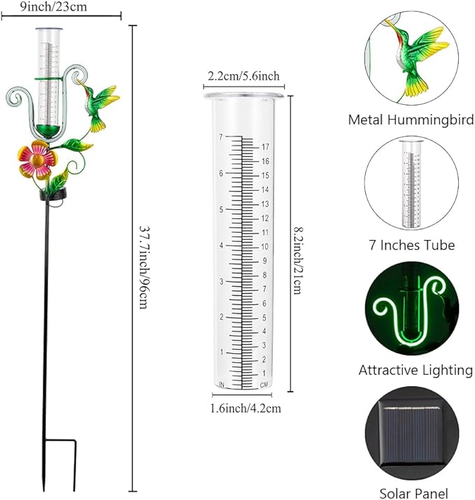 Stargarden Rain Gauge Outdoor, Hummingbird Solar Rain Gauge, Metal Rain Measure Gauge with 7 Inch Tube, Decorative Rainfall Measurement for Yard, Porch Decor