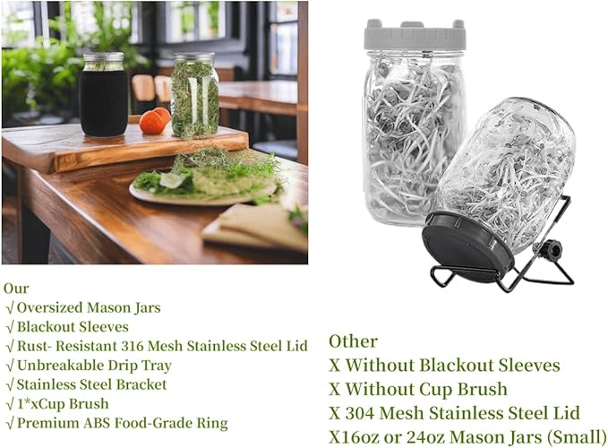 Lulonpon Sprouting Kit, One Pieces Seed Sprouting Jar Kit, Wide Mouth Quart Mason Jars with 304 Stainless Steel Screen Sprout Lids,86mm Caliber with Tray,Stand,Shading Bag and Brush,for Bean Sprouts