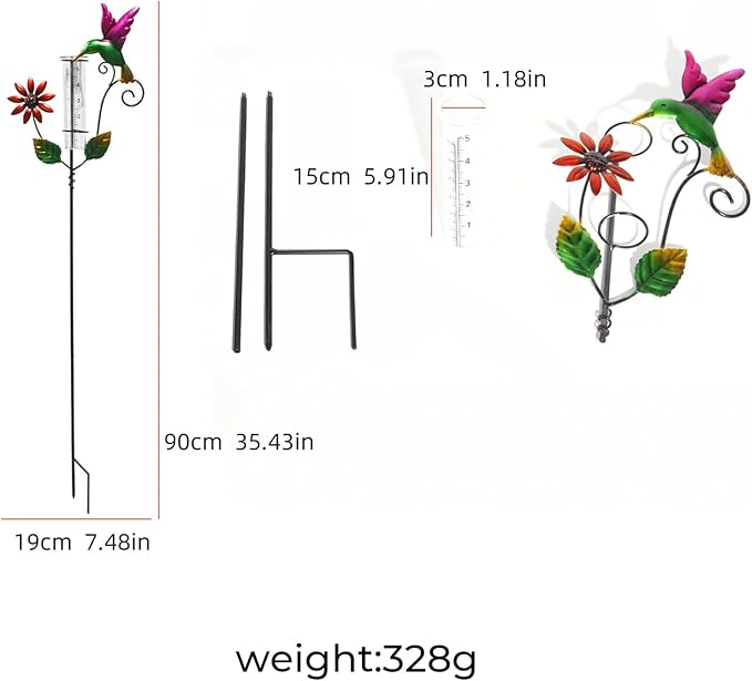 Hummingbird Rain Gauge Outdoor, Glass Rain Gauge with Floating Discs for Easy Reading, Freeze-Proof Adjustable Height Decorative Rain Gauges for Yard Garden Decor, Unique Gardening Gifts for Women