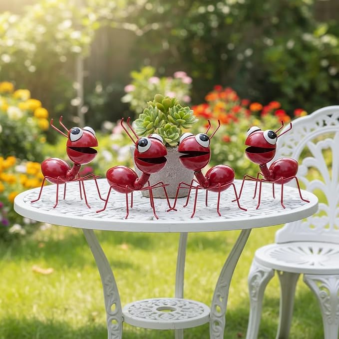 Cruis Cuka Metal Yard Art Garden Decorative Cute Ant Outdoor Wall Sculptures - Set of 4 Red