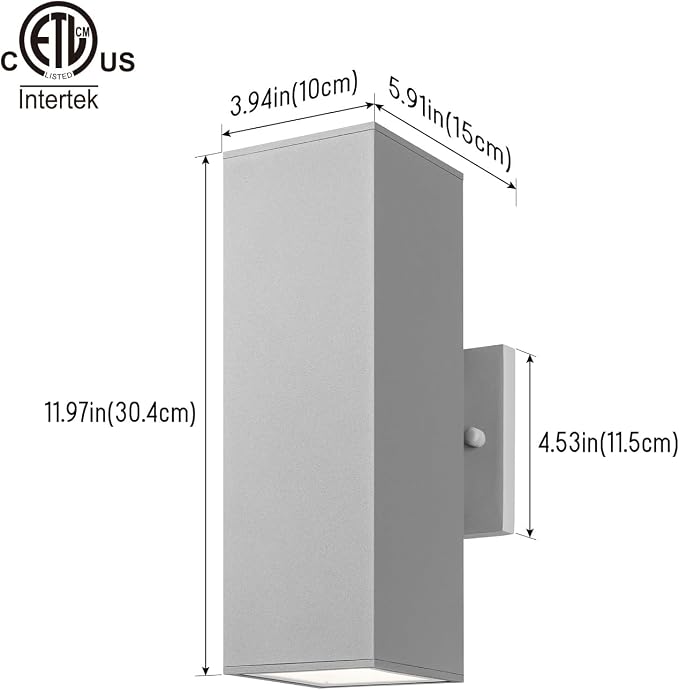 mirrea Modern Outdoor Porch Light Patio Light in 2 Lights with Aluminum Rectangular Tube and Tempered Glass Cover Waterproof Wall Sconce 2 Pack Matte Gray