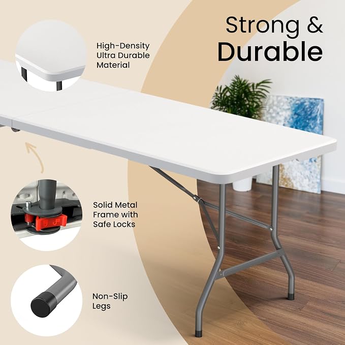 Our Modern Space 8 Feet Foldable Table with Built in Handle & Steel Legs | Heavy Duty Portable | Perfect for Party, Dining, Wedding, Events, Picnic Indoor, Outdoor, Camping, Utility, Temporary