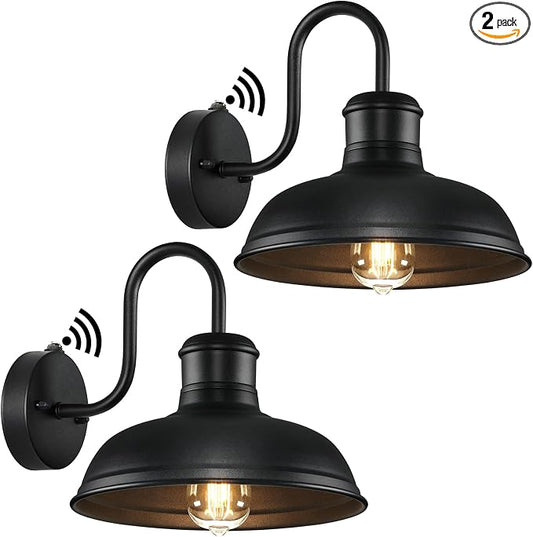 2-Pack Dusk to Dawn Outdoor Wall Sconces, Exterior Farmhouse Gooseneck Barn Light, Vintage Matte Black Outside Wall Mount Light Fixture, Anti-Rust Waterproof Outdoor Light for House Porch Garage