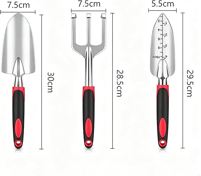 Stainless Steel Garden Tool Set，3 Pieces, Including Hand Shovel & Transplant Shovel & Hand Rake with Non-Slip Soft Ergonomic Handle (red)