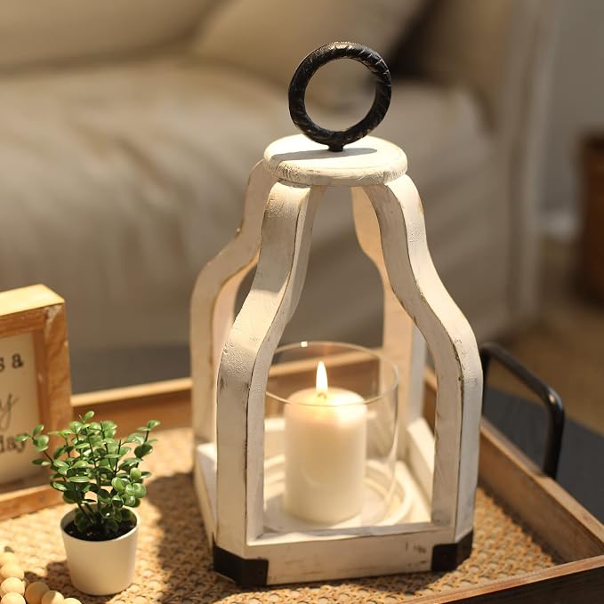 SwallowLiving 13" Rustic Farmhouse Wood Candle Hurricane Lantern with Glass Candlestick Holder for Patio, Table Centerpiece, White