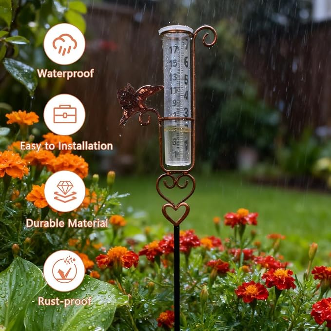 Rain Gauge Outdoor with 7 Inch Glass Tube, Rain Gauges Large Clear Numbers Measure Gauge for Yard, Garden, Lawn(Hummingbird)