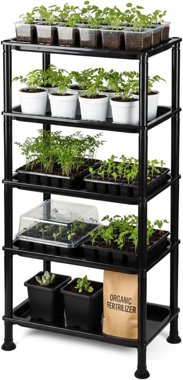 RooTrimmer 5-Tier Seed Starter Trays, Plant Stand, with Bottom-Watering Design– Reinforced Thickened Shelf for Small Pots, Balcony/Indoor Seed Starting & Greenhouse, Black