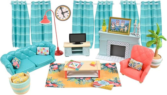 Honey Bee Acres Cozy Living Room Décor – 28 Pieces Accessory Set | Colorful Farmhouse Doll Furniture | Pretend Play Toys for Kids - Sunny Days Entertainment