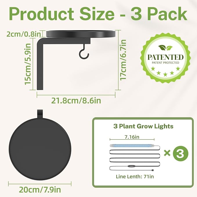 iDavosic.ly Wall Plant Holder with Grow Lights Set of 3 for Indoor Outdoor, Metal Hanger with 2 Hooks, Floating Flower Display Stand for Window, Space Saving & Easy to Assemble (Pots Not Included)