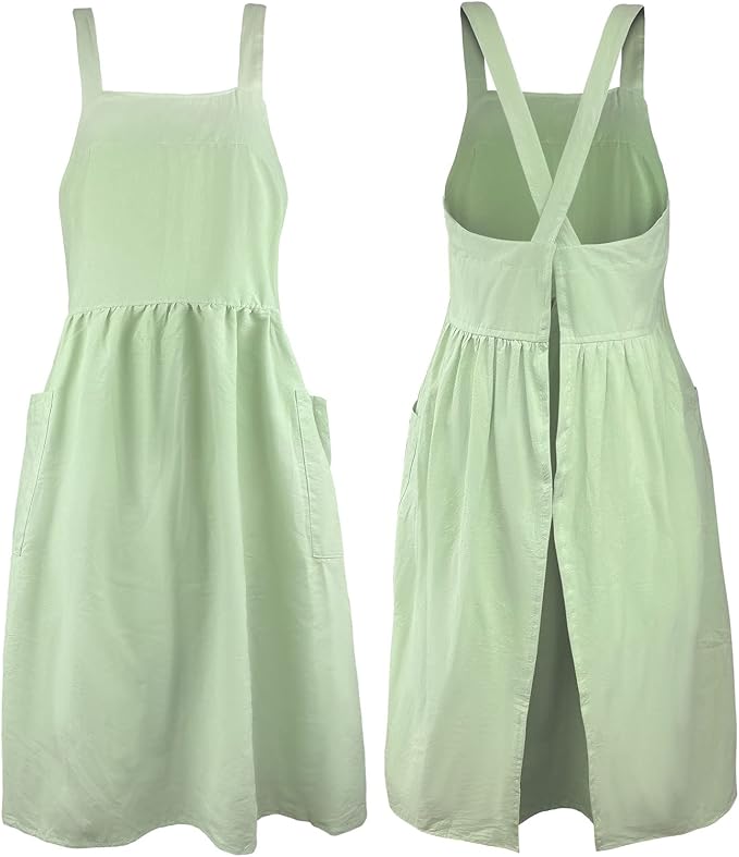 Uaussi Cotton Linen Apron Cross Back Work Apron for Women with Pockets Pinafore Dress X Cross Halter Apron for Chef Gardening
