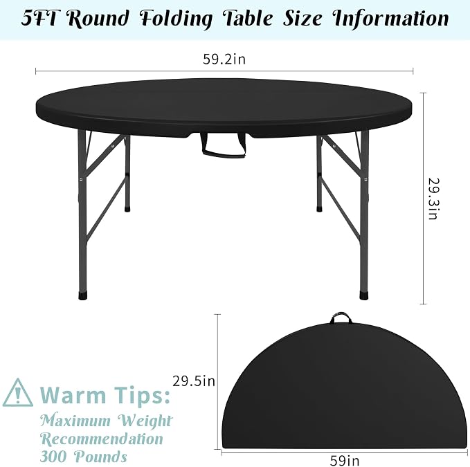 Fivenl 5 FT Round Folding Tables Black Foldable Table, Fold-in-Half with Carrying Handle Portable Plastic Table for Party, Dining, Wedding, Camping, Picnic, Indoor Outdoor Events (Black)