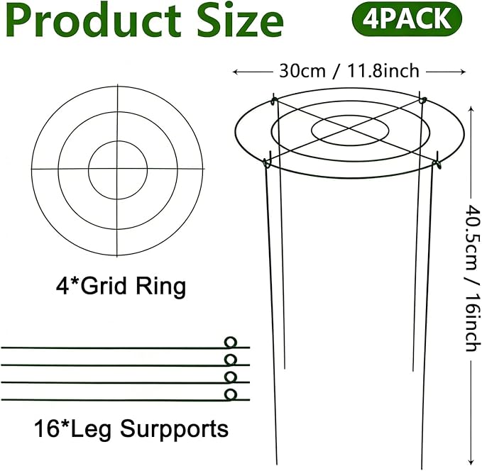 DAYUMKOU 4 Pack Peonies Cages and Supports, 11.5" Wide x 16" High Plant Support Stakes, 4 Legs Plant Cages & Supports with Removable Grid for Peonies Roses Tomato Hydrangea Strawberry