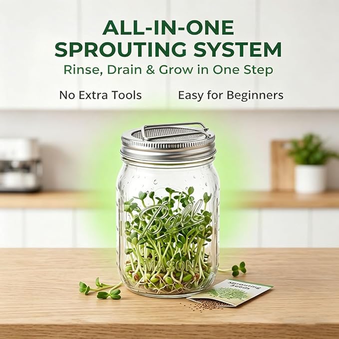 2 PCS Mason Jar Lids Sprouting Sprouts Growing Kit Seed Metal Bean Company Broccoli Masontops Maker Wide Mouth Mesh Microgreen Grower Stand Attachments Multi Pour Glass Rack Filter Germinating