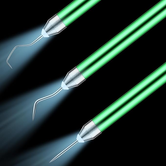Therwen 3 Pcs LED Weeding Tools for Vinyl with Light Pin and Hook Lighted Weeding Pen for Removing Iron on Tiny Vinyl Paper Iron on Projects Adults and Cutting Machines Supply(Green)