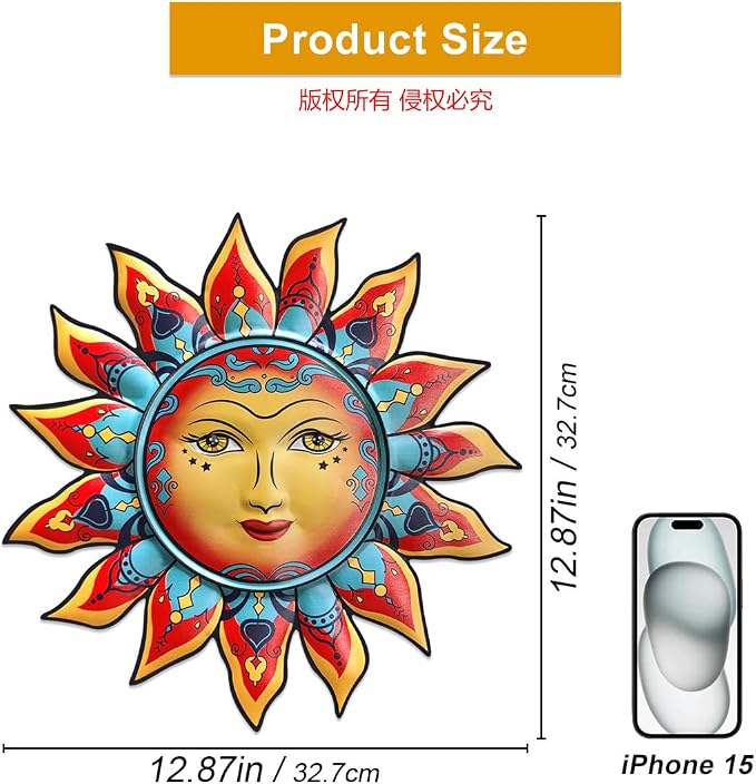 Daogtc Metal Sun Wall Decor - Sun Flower Wall Art Decoration,Hanging Decoration for Home Garden Farmhouse Yard Patio Fence Living Room Bedroom (SUN-I)