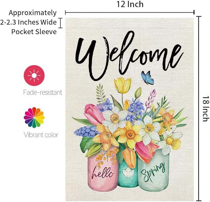 CROWNED BEAUTY Spring Garden Flag Floral Mason Jar Double Sided 12X18 Inches Burlap for Outside Seasonal Yard