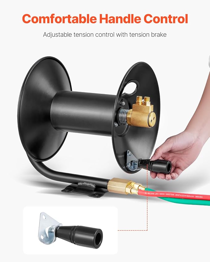 VEVOR Welding Hose Reel, Hand Crank Rewind Hose Reel with 3FT Lead-in Hose and 9/16"-18 B Fittings, Ceiling/Wall Mount Heavy Duty Steel Reel for Workshops Garages (Welding Hose Not Included)
