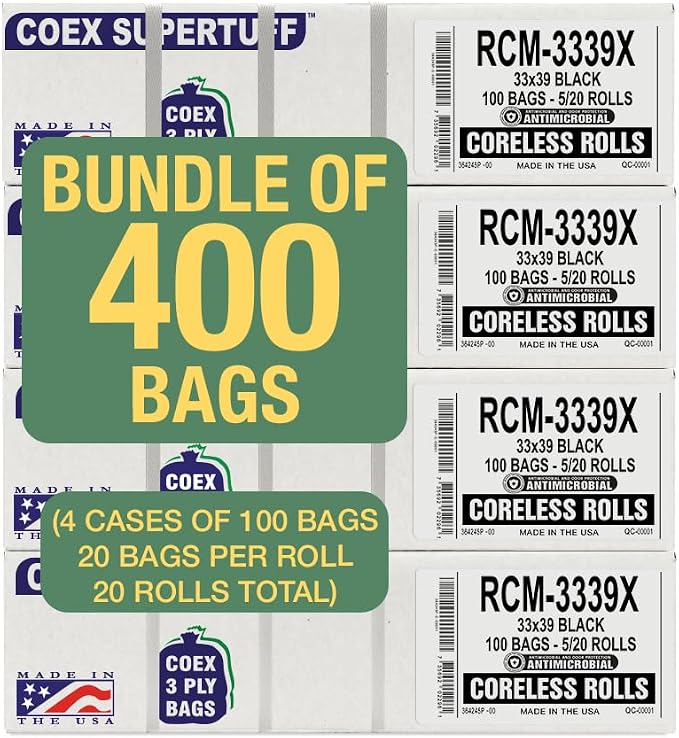 Aluf Plastics - COEX 3 Ply Garbage Bags, 33 Gallon, 1.5 Mil (eq), 33"x39", 400 Count (20 Rolls of 20)