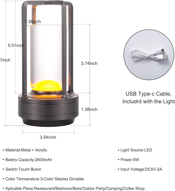 HAPYGI Portable Metal Table Lamp for Indoor/Outdoor,Rechargeable Cordless LED Lamp, 3-Colour Infinitely Dimming Battery Powered Small Desk Lamp, Restaurant/Bedroom/Bar/Coffee/Camping Light (Grey)