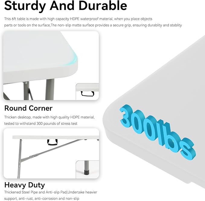 6 Foot Foldable Table with Built in Handle & Steel Legs,Heavy Duty Portable,Perfect for Party, Dining, Wedding, Events, Picnic Indoor, Outdoor, Camping, Utility, Folding(white-1pac)