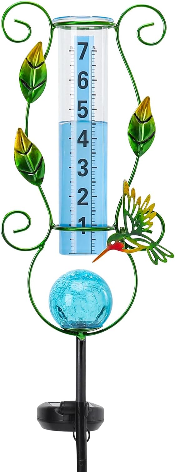 MUMTOP Rain Gauge Outdoor, 36 Inch Large Number Solar Lights Hummingbird Water Gauge for Lawn, Yard and Garden