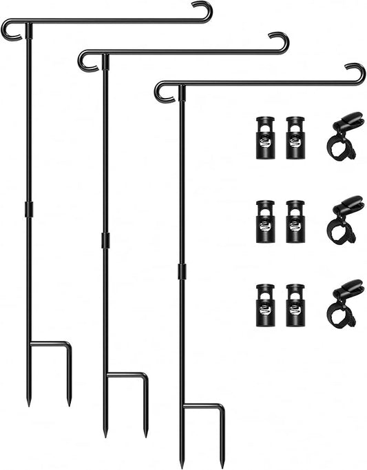 HOOSUN Garden Flag Stand Holder Pole Easy To Install Strong Sturdy Wrought Iron Fits 12.5" x 18" Mini Flag with 1 Tiger Clip Curved Hook With S Type (3 Pack)