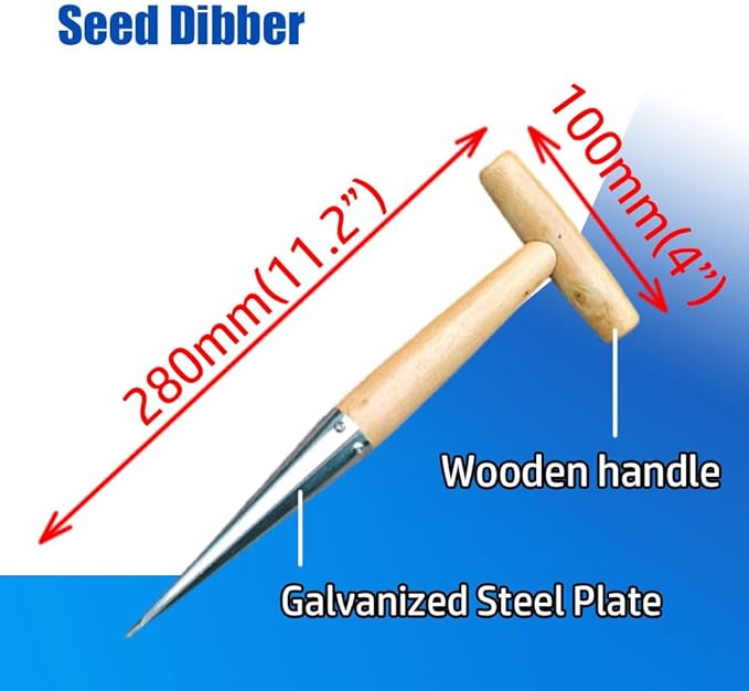 Seed Dibber - 11.2"(280mm), Wooden Handle, Galvanized Steel, Easy Drilling/Transplanting/Planting, Seed Dibber Planter Tool